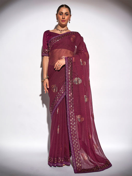Wine Georgette Party Wear Saree With Blouse Piece
