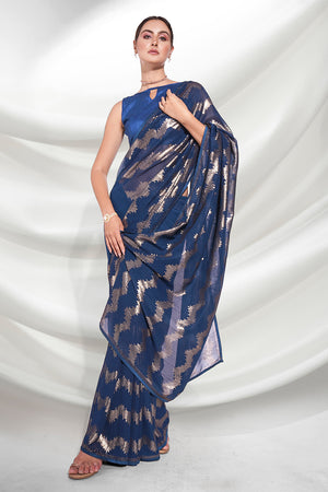 Navy Blue Georgette Saree With Blouse Piece