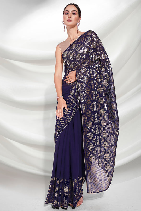 Navy Blue Georgette Saree With Blouse Piece
