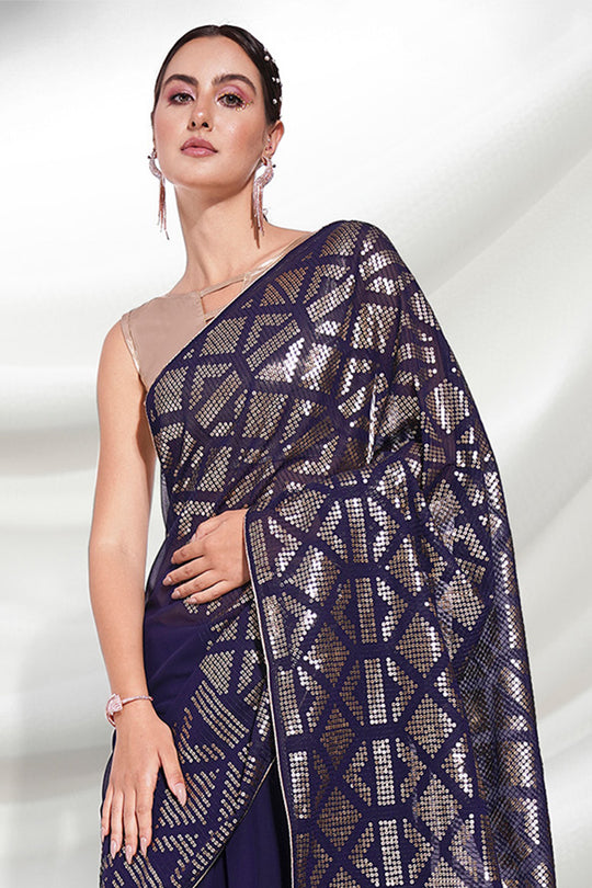Navy Blue Georgette Saree With Blouse Piece
