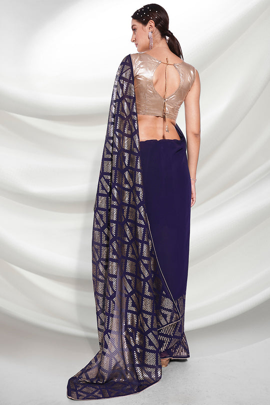 Navy Blue Georgette Saree With Blouse Piece