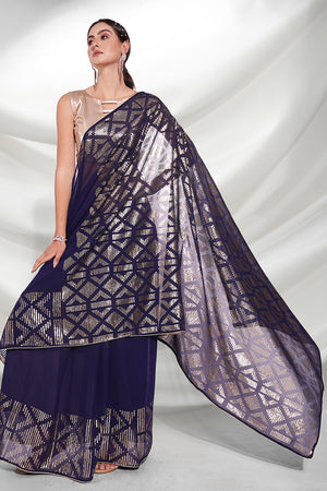 Navy Blue Georgette Saree With Blouse Piece
