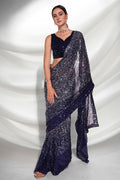 Navy Blue Georgette Saree With Blouse Piece