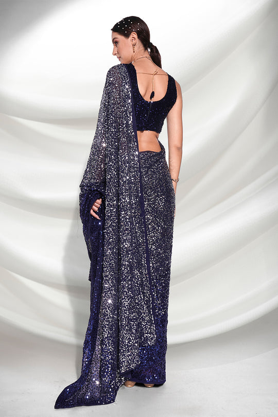 Navy Blue Georgette Saree With Blouse Piece