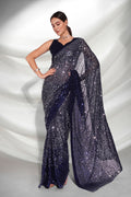 Navy Blue Georgette Saree With Blouse Piece