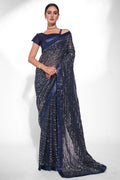 Teal Blue Georgette Saree With Blouse Piece