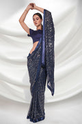 Teal Blue Georgette Saree With Blouse Piece