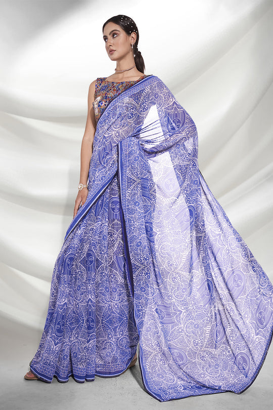 Blue Georgette Saree With Blouse Piece