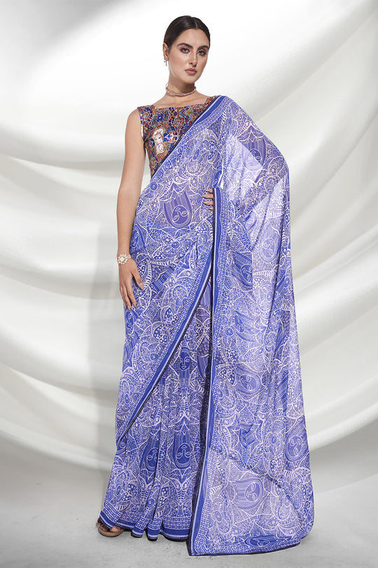 Blue Georgette Saree With Blouse Piece