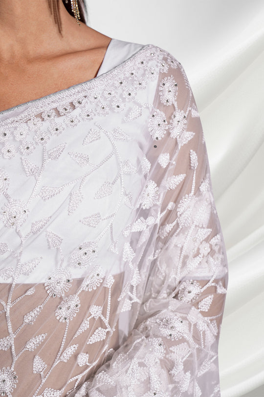 White Net Saree With Blouse Piece