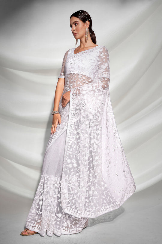 White Net Saree With Blouse Piece