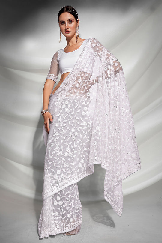 White Net Saree With Blouse Piece