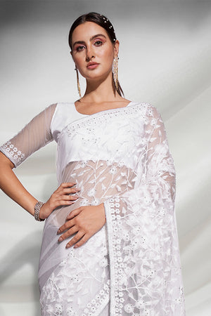 White Net Saree With Blouse Piece