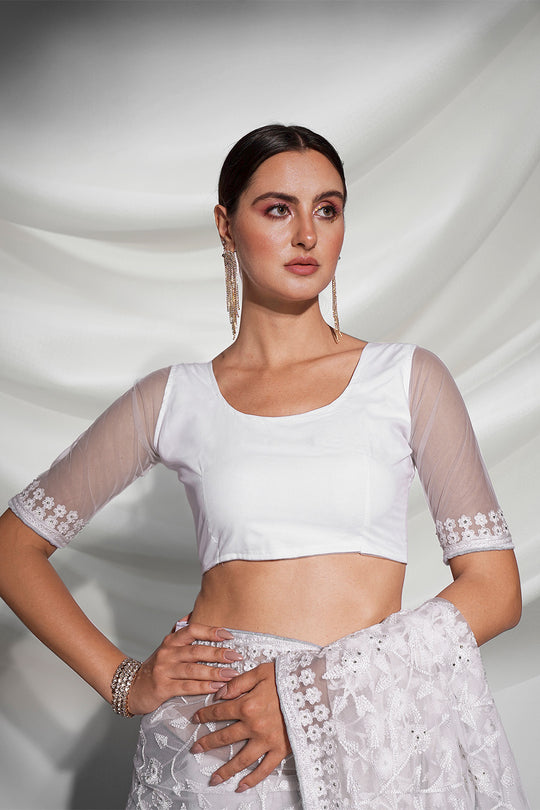 White Net Saree With Blouse Piece