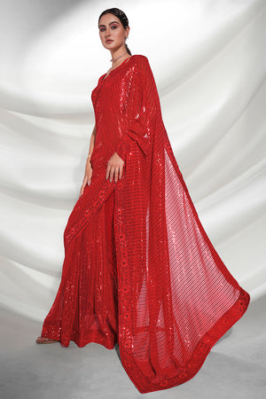 Red Georgette Saree With Blouse Piece