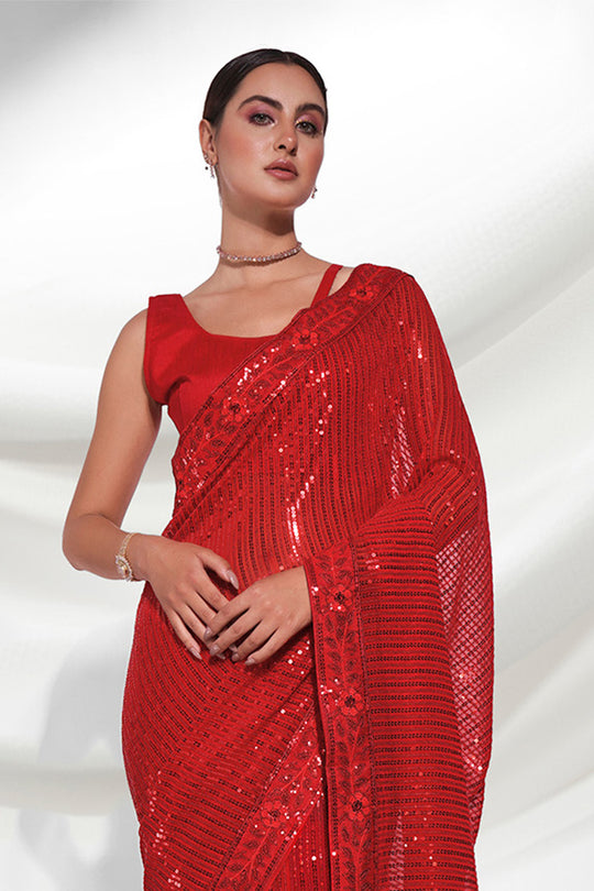 Red Georgette Saree With Blouse Piece