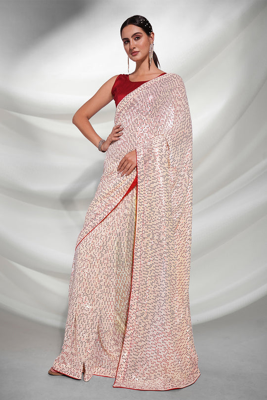 Cream Georgette Saree With Blouse Piece