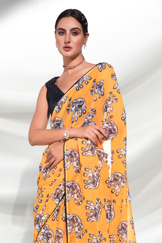 Yellow Georgette Saree With Blouse Piece