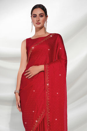 Red Satin Saree With Blouse Piece