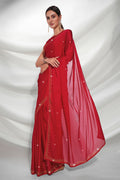 Red Satin Saree With Blouse Piece