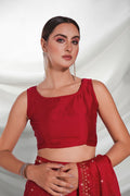 Red Satin Saree With Blouse Piece