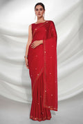 Red Satin Saree With Blouse Piece