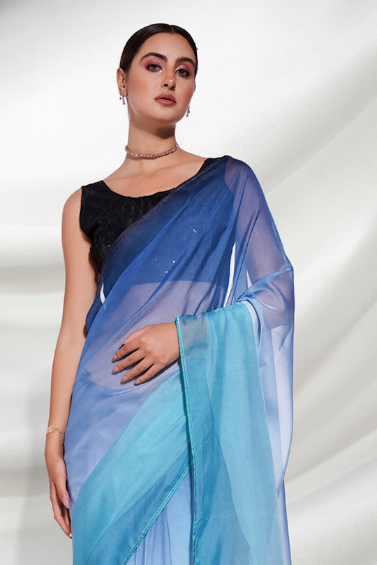 Blue Organza Saree With Blouse Piece