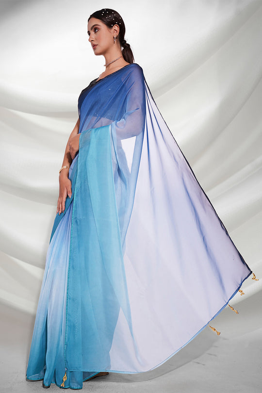 Blue Organza Saree With Blouse Piece