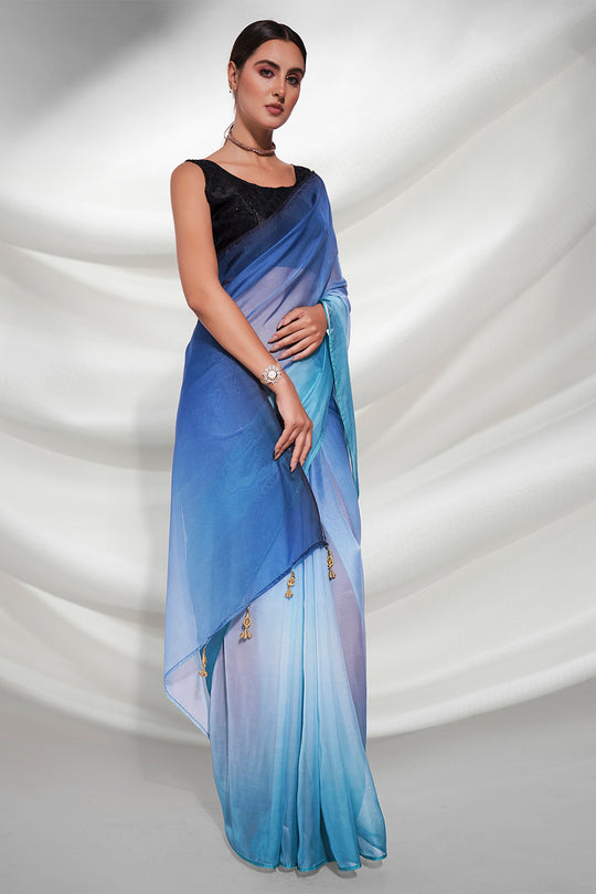 Blue Organza Saree With Blouse Piece