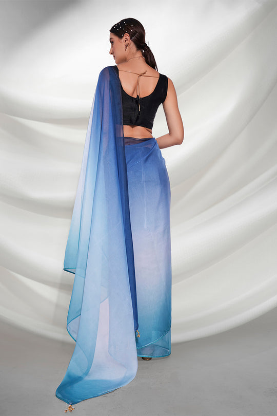 Blue Organza Saree With Blouse Piece