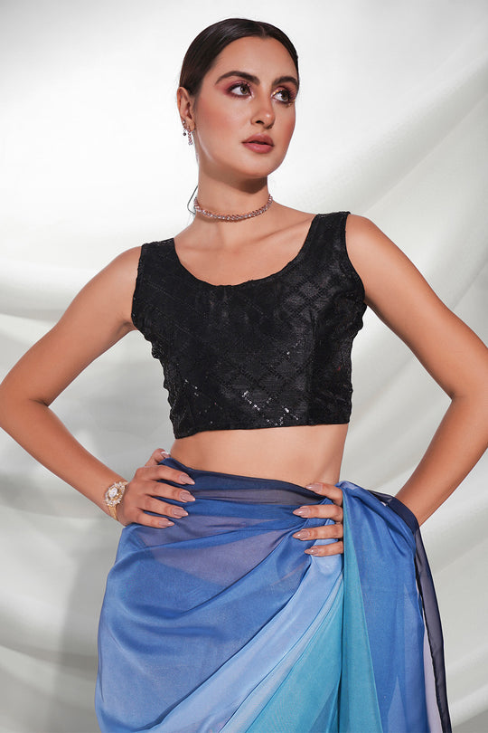 Blue Organza Saree With Blouse Piece