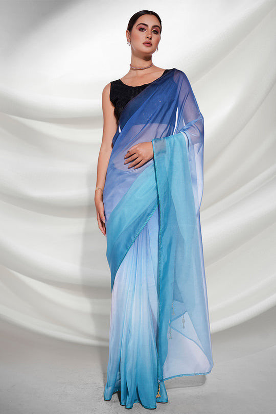 Blue Organza Saree With Blouse Piece