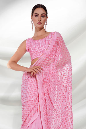 Pink Georgette Saree With Blouse Piece