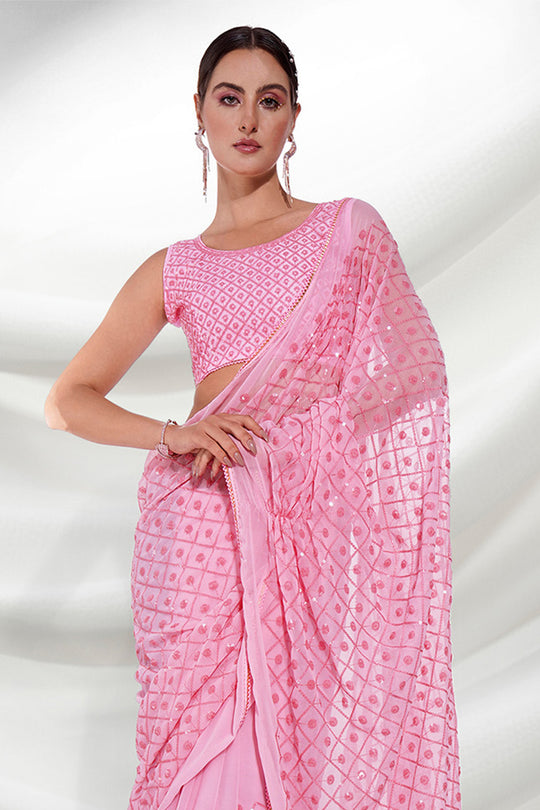 Pink Georgette Saree With Blouse Piece