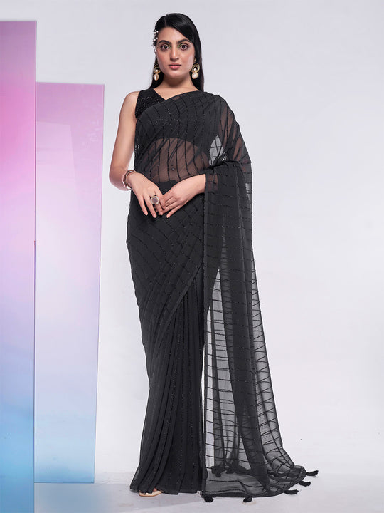 Black Georgette Party Wear Saree With Blouse Piece