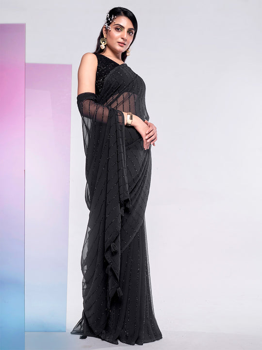 Black Georgette Party Wear Saree With Blouse Piece