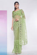 Green Net Saree With Blouse Piece