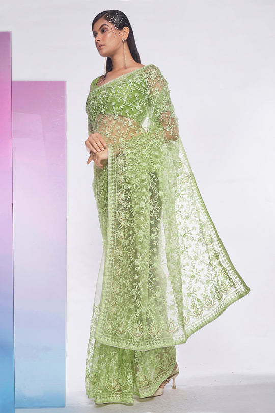Green Net Saree With Blouse Piece
