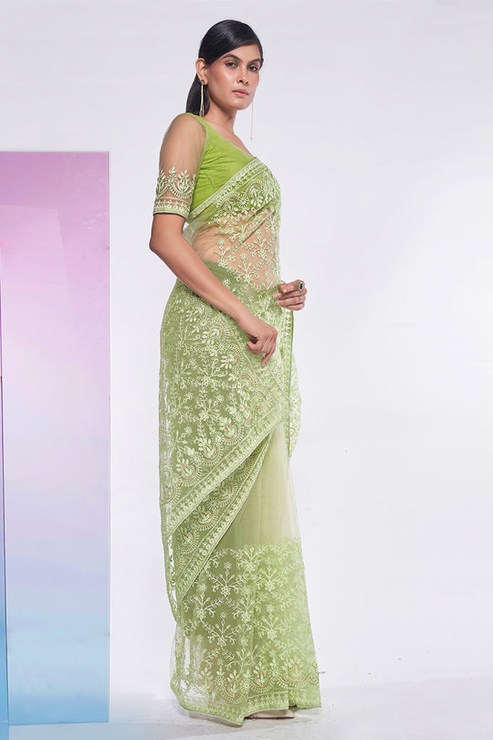 Green Net Saree With Blouse Piece