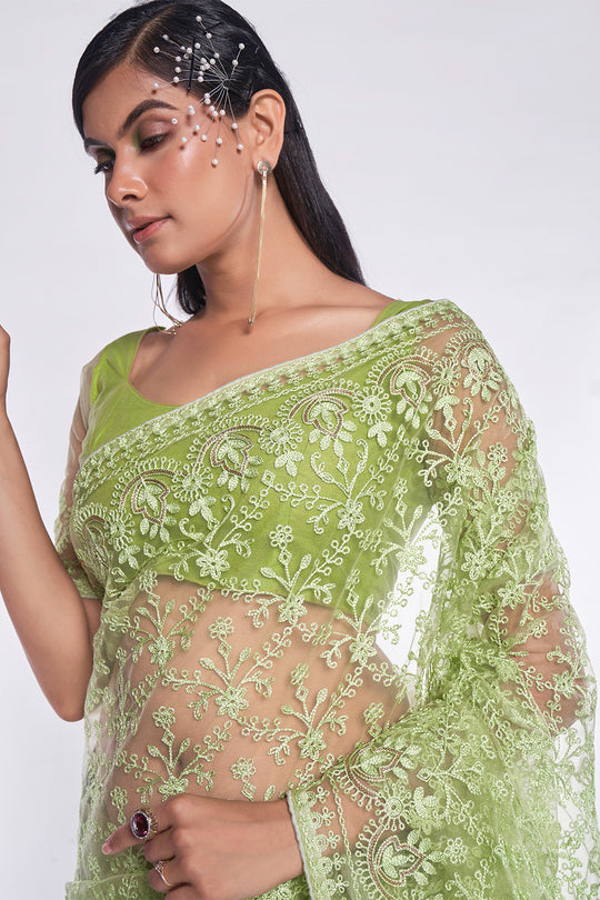 Green Net Saree With Blouse Piece