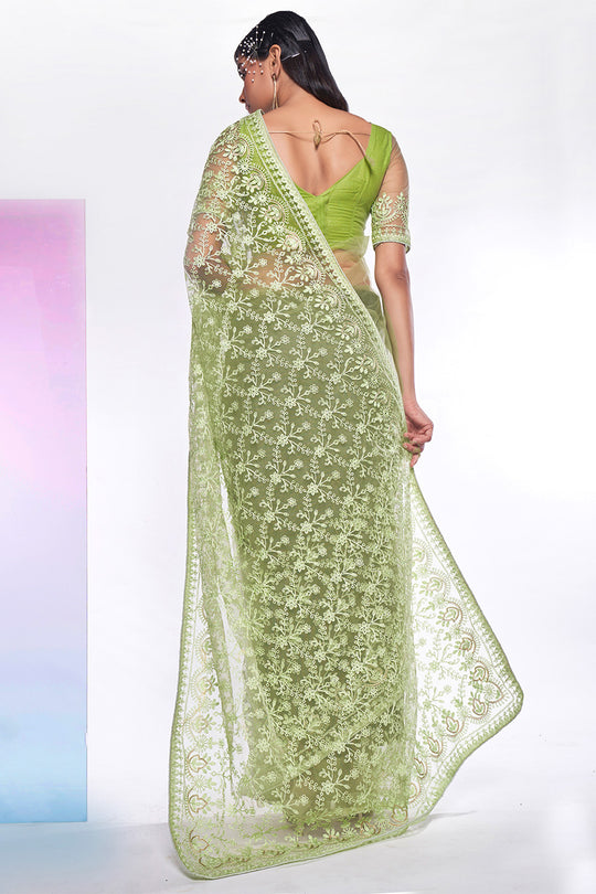 Green Net Saree With Blouse Piece