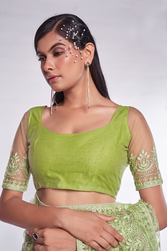 Green Net Saree With Blouse Piece