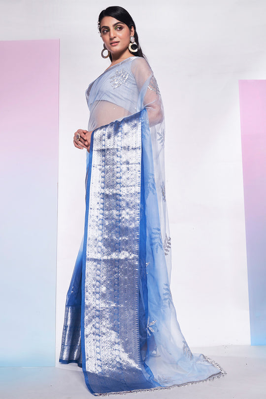 Blue Organza Saree With Blouse Piece