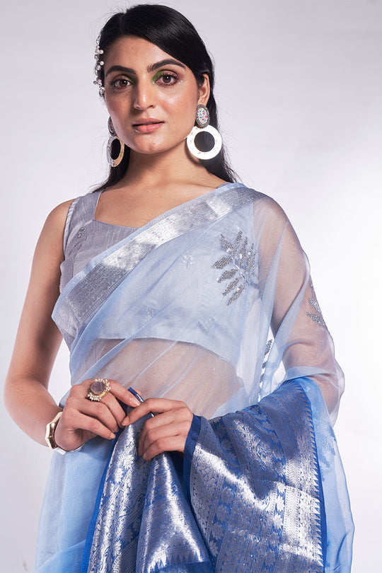 Blue Organza Saree With Blouse Piece