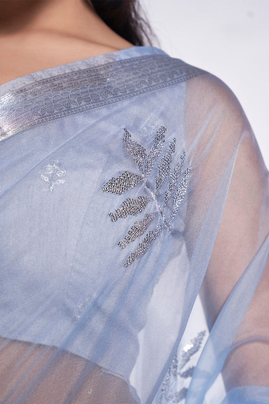 Blue Organza Saree With Blouse Piece