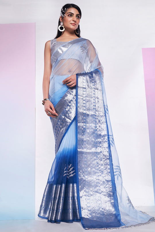 Blue Organza Saree With Blouse Piece