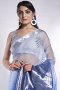 Blue Organza Saree With Blouse Piece