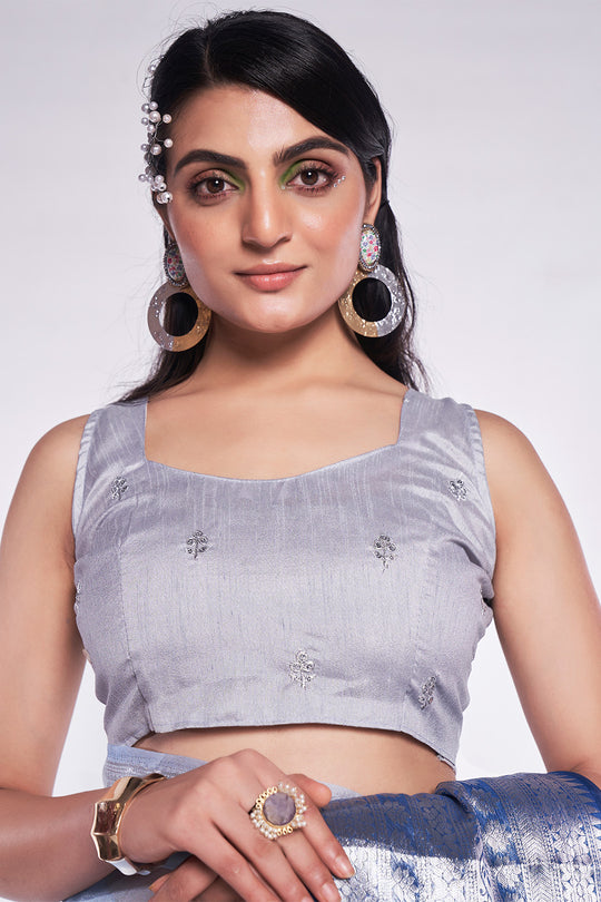 Blue Organza Saree With Blouse Piece