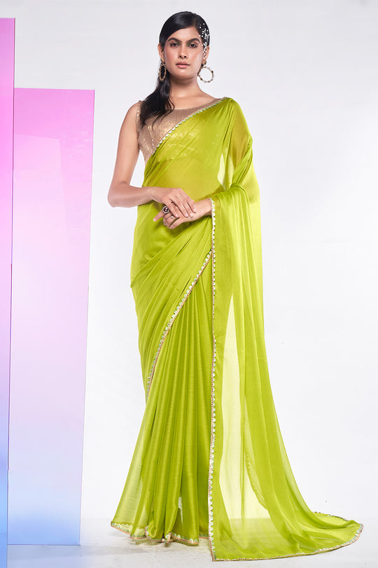 Neon Green Georgette Saree With Blouse Piece