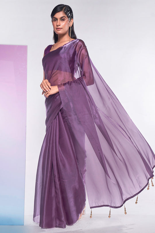 Mauve Organza Saree With Blouse Piece